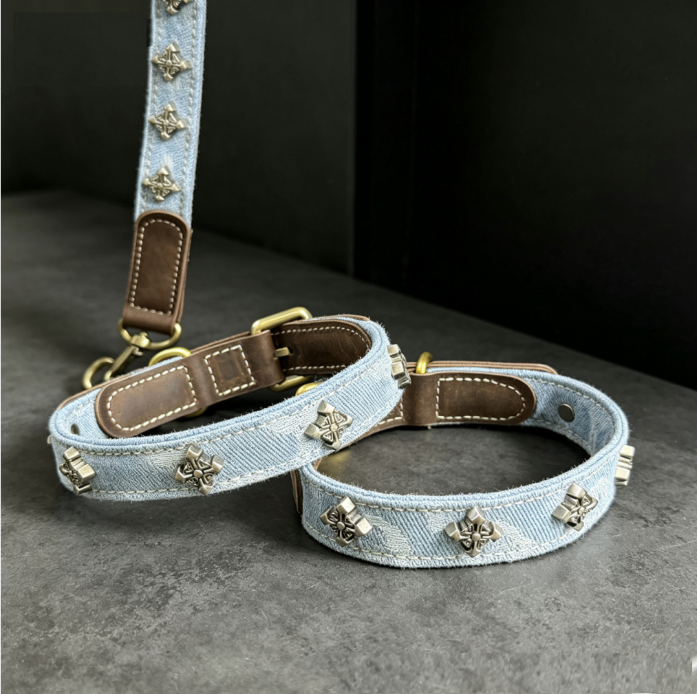 Distressed Denim and Leather Dog Collar and Leash Set
