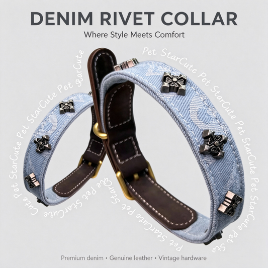 Distressed Denim and Leather Dog Collar and Leash Set