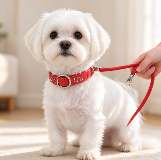 Genuine Leather Round Leash and Rhinestone Collar Set