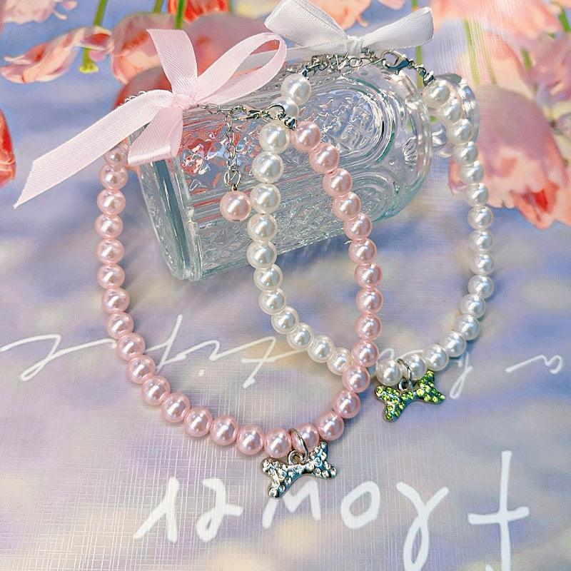 Bone Rhinestone Pet Pearl Necklace for Small Dogs and Cats