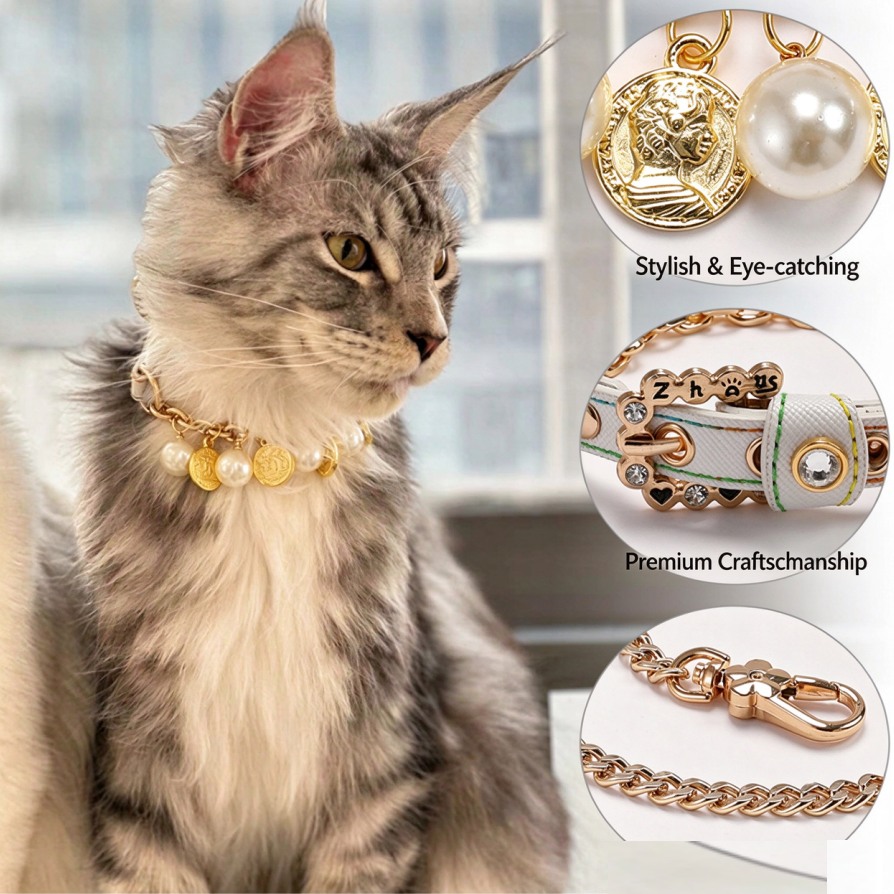 Luxury Pearl and Gold Chain Dog Collar and Leash Set