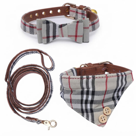 Classic Plaid Dog Collar, Leash & Bandana Set | Stylish British Style Pet Accessories