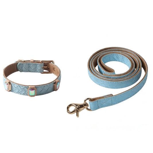 Braided Leather Pet Collar and Leash Set with Rhinestones