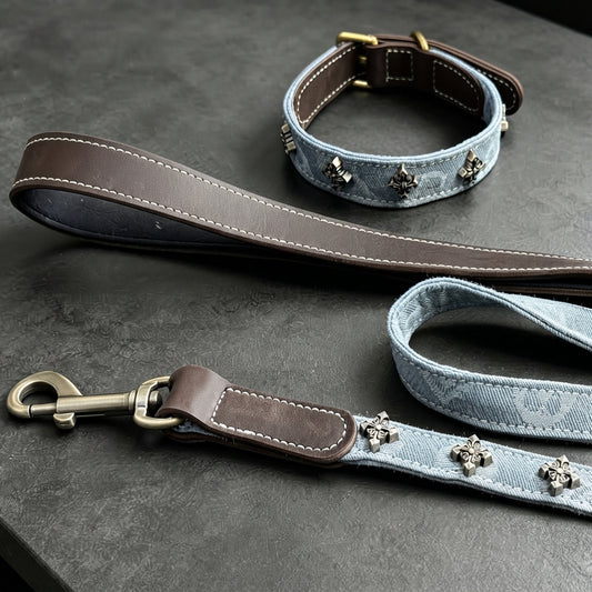 Distressed Denim and Leather Dog Collar and Leash Set