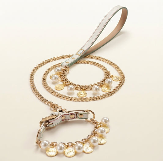 Luxury Pearl and Gold Chain Dog Collar and Leash Set