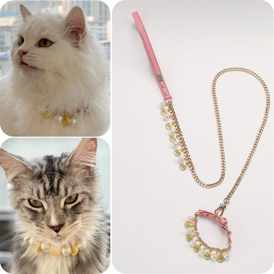 Luxury Pearl and Gold Chain Dog Collar and Leash Set