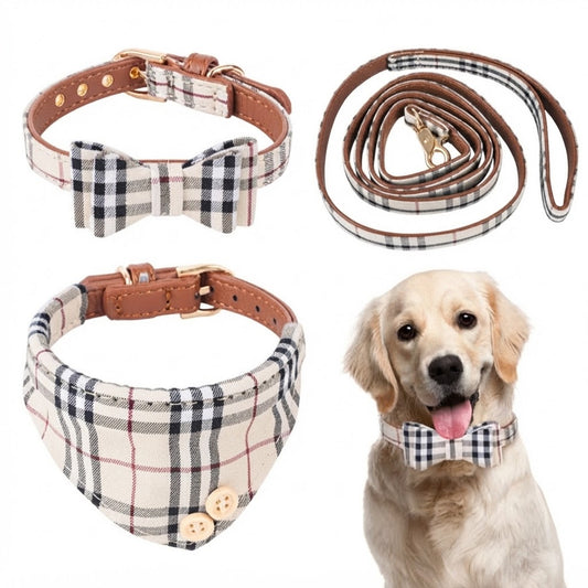 Classic Plaid Dog Collar, Leash & Bandana Set | Stylish British Style Pet Accessories
