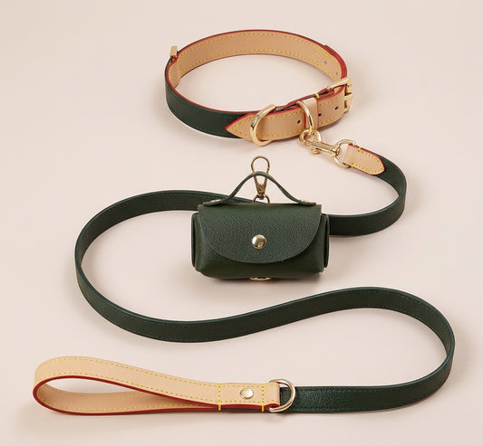 Luxury Leather Dog Collar, Leash & Poop Bag Holder Set - Forest Green