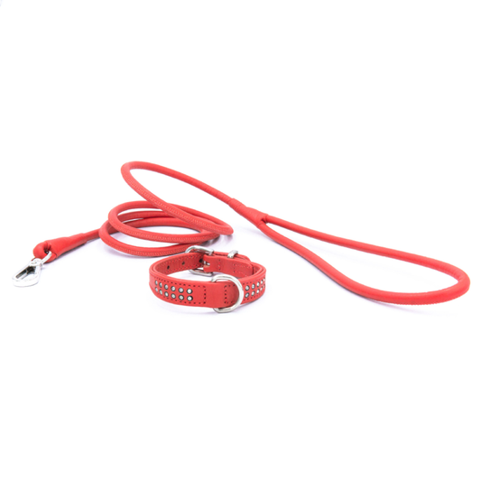 Genuine Leather Round Leash and Rhinestone Collar Set